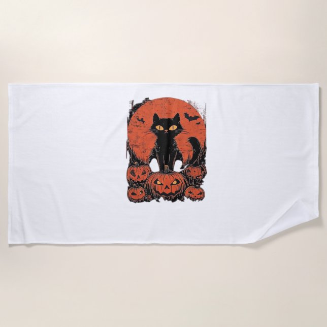 Serviette De Plage Chat noir et Citrouille - Halloween T-shirt Art Cl (Devant)