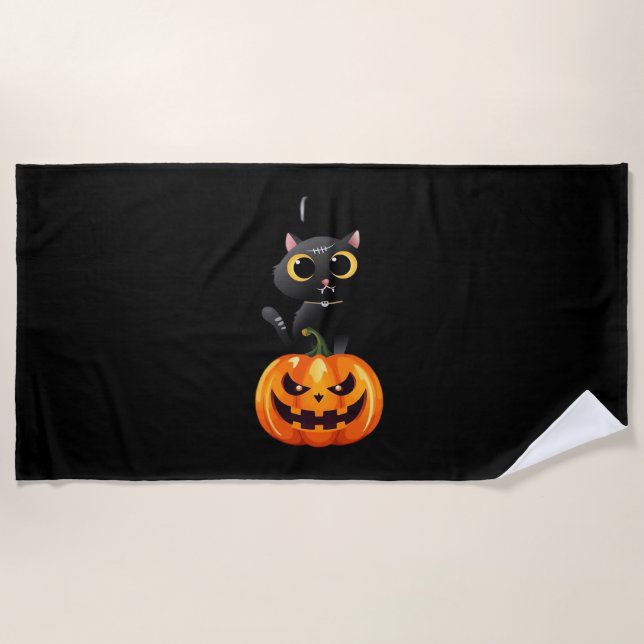 Serviette De Plage Chat noir Halloween Design - Art Citrouille Éffray (Devant)