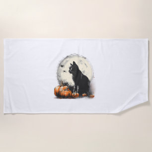 Serviette De Plage Chat noir Halloween Lune Éffrayante Citrouille d'o