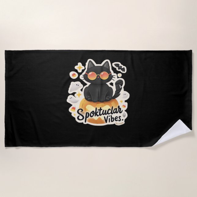 Serviette De Plage Chat noir mignon Halloween Citrouille T-shirt surd (Devant)