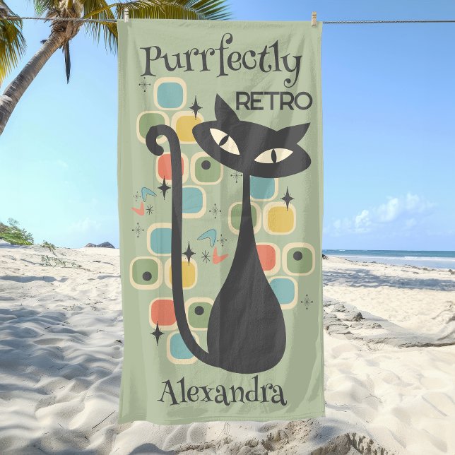 Serviette De Plage Chat Noir Parfaitement Rétro Mid Century (Purrfectly Retro Black Cat Mid Century Beach Towel)