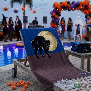 Serviette De Plage Chat noir rôdant Halloween dans une nuit de pleine