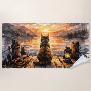 Serviette De Plage Chat sur le quai au coucher du soleil
