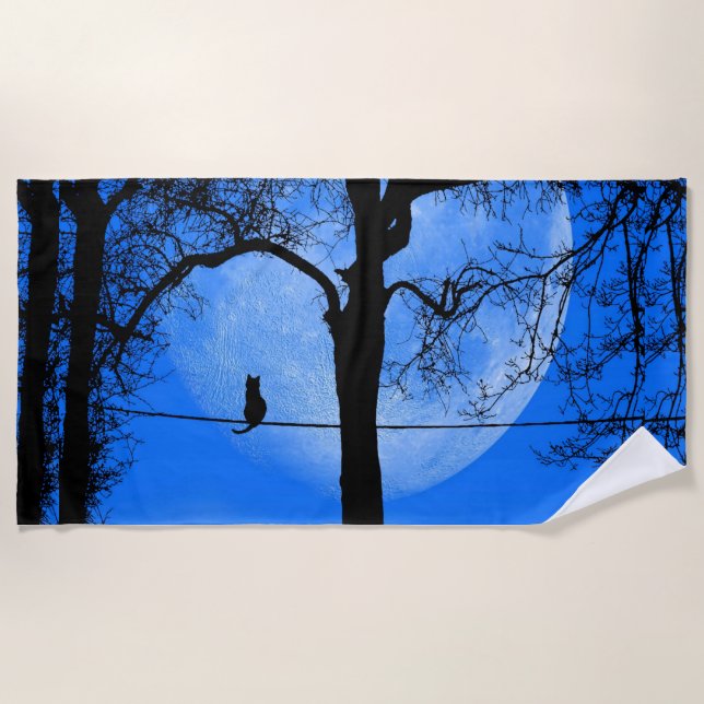 Serviette De Plage Chat sur un fil Lune Bleue (Devant)