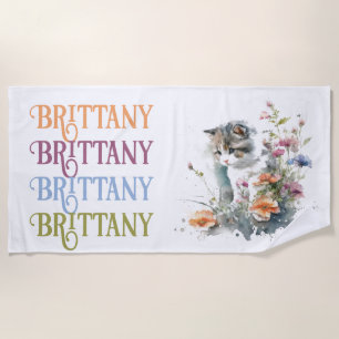 Serviette De Plage Chaton tigre blanc en Monogramme de fleurs