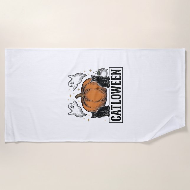 Serviette De Plage Chatoween Chat Noir Fantôme Halloween Conception V (Devant)