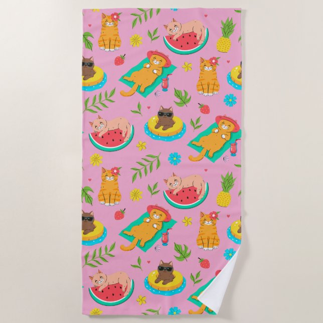 Serviette De Plage Chats d'été tropical (Devant)