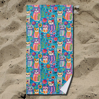 Serviette De Plage Chats et fleurs colorés Whimsical Happy