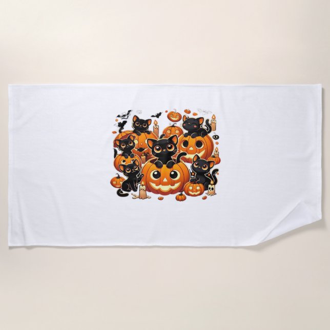 Serviette De Plage Chats noirs mignons en Citrouille Halloween Night  (Devant)