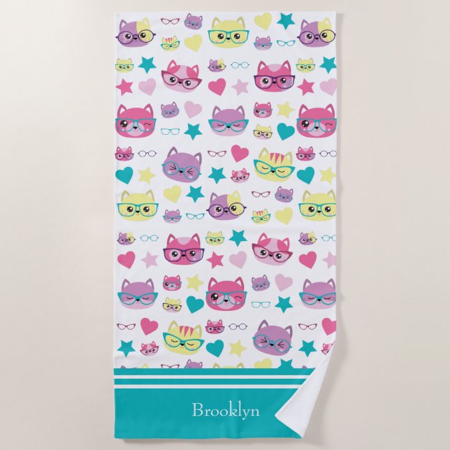 Serviette De Plage Chats Pastel cool Avec Verres Motif, Turquoise (Devant)