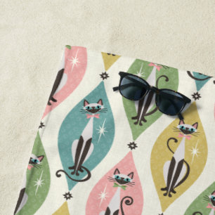 Serviette De Plage Chats siamois rétro et explosions stellaires sur l