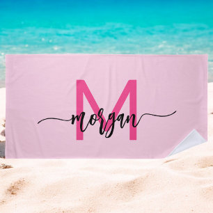 Serviette De Plage Chaud rose moderne Script Girl Monogramme Nom