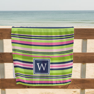 Serviette De Plage Chaux, rose et monogramme de bande de Preppy
