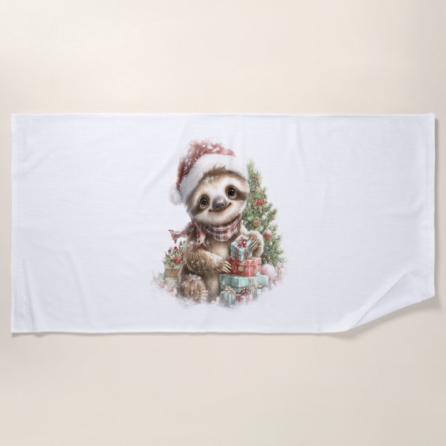 Serviette De Plage Chemise Sloth Christmas Santa Hat (Devant)