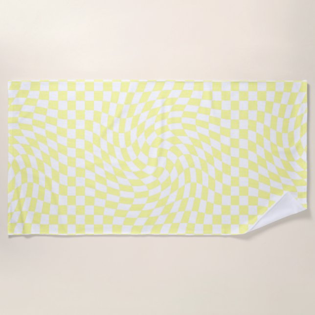 Serviette De Plage Chèques jaune clair et blanc À damiers Motif (Devant)