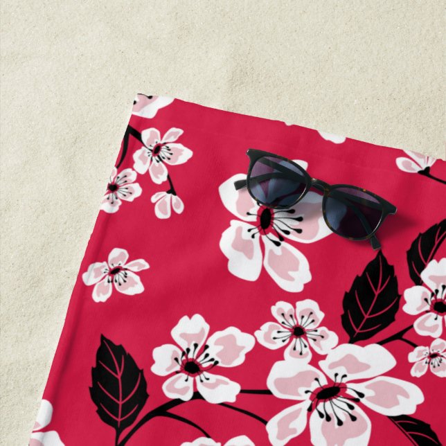 SERVIETTE DE PLAGE CHERRY BLOSSOM - SAKURA (ROUGE) (En situation)