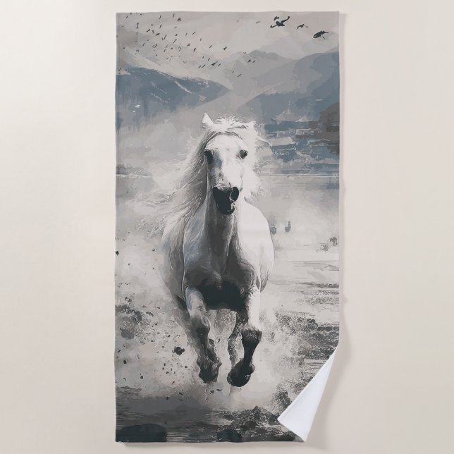 Serviette De Plage Cheval blanc courant à travers l'eau (Devant)