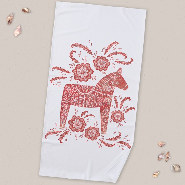 Serviette De Plage Cheval Dala Suédois Rouge et Blanc (Swedish Dala Horse red and white folk art beach towel)