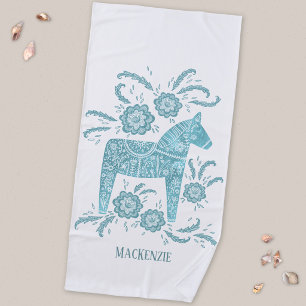 Serviette De Plage Cheval de Dala suédois Turquoise Vert Nom personna