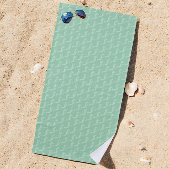 Serviette De Plage Cheval de mer blanc nautique Squelette Motif Vert (beach towel on sand)