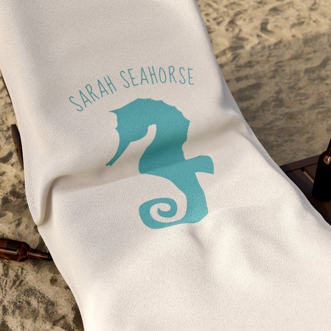 Serviette De Plage Cheval de mer nautique sur le sable Personnalisé (A seahorse-y sandy beach towel with space fro your name)