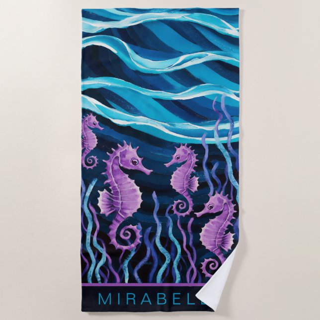 Serviette De Plage Cheval de mer pourpre & Vagues Bleues Personnalisé (Devant)