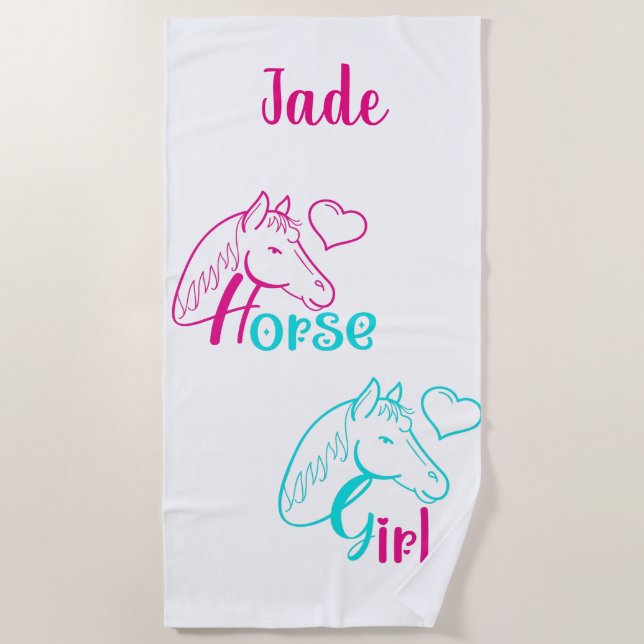 Serviette De Plage Cheval Girl en rose et turquoise (Devant)