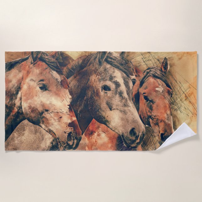 Serviette De Plage Chevaux Peinture d'aquarelle artistique (Devant)