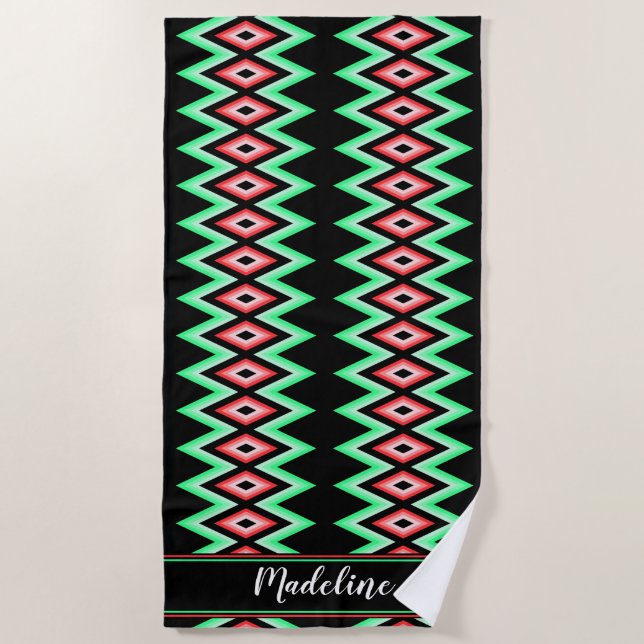 Serviette De Plage Chevron Calligraphie Nom Red Green Tropical Beach (Devant)