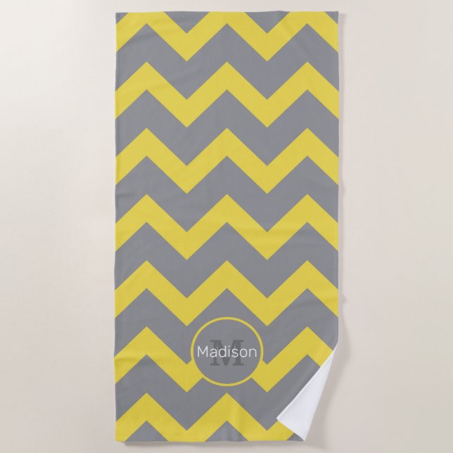 Serviette De Plage Chevron jaune gris motif lignes rayures Monogramme (Devant)