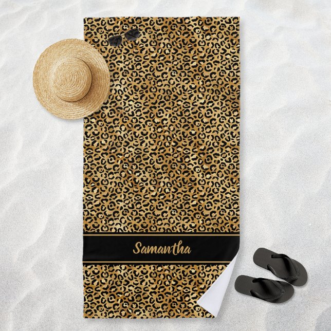 Serviette De Plage Chic Black Gold Empreinte de léopard personnalisé (Chic Black Gold Leopard Print Personalized Beach Towel)