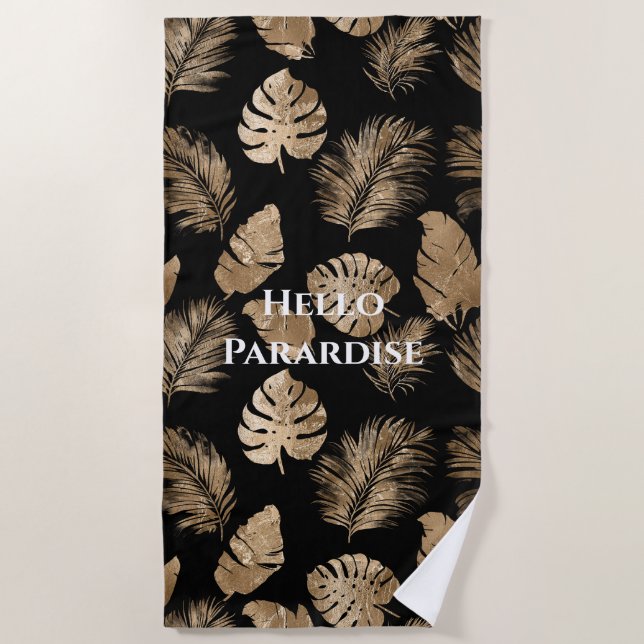 Serviette De Plage Chic Black Gold Tropical Feuilles (Devant)
