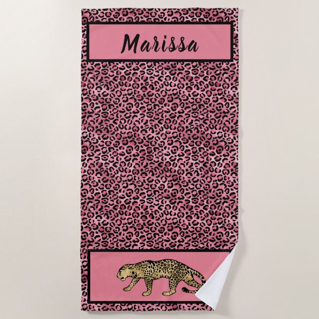 Serviette De Plage Chic Black Rose Gold Leopard Personnalisé (Devant)