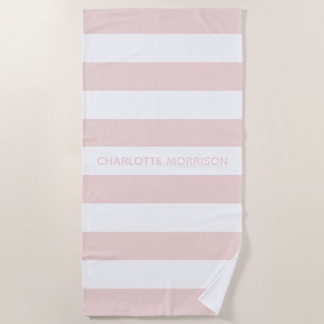 Serviette De Plage Chic blush rose blanc rayures nom personnalisé mon (Devant)