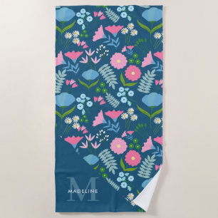 Serviette De Plage Chic Botanique Floral Élégant Marine bleu Monogram