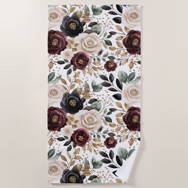 Serviette De Plage Chic Burgundy Crème Floral   (Devant)