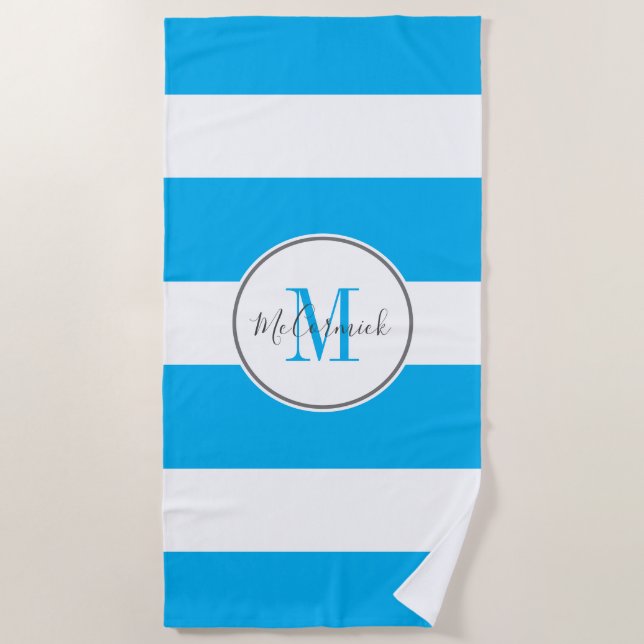 Serviette De Plage Chic Ciel Bleu Blancs Monogramme Personnalisé (Devant)