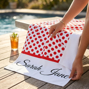 Serviette De Plage Chic Minimaliste Rouge & Blanc Points Custom Nom