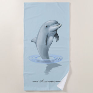 Serviette De Plage Chic Moderne Dauphin & Script sur Fond Bleu Clair
