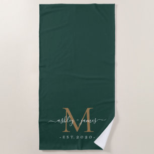 Serviette De Plage Chic Monogramme Or nouvellement marié Script Vert