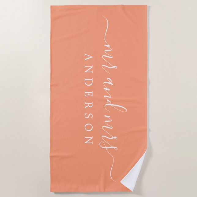 Serviette De Plage Chic Newlysée M. Mme Bright Orange Monogrammed (Devant)