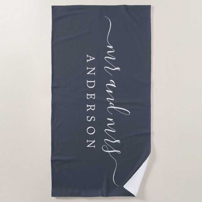 Serviette De Plage Chic Newlysée M. Mme Charcoal Blue Monogrammed (Devant)