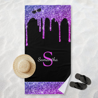 Serviette De Plage Chic Noir à paillettes rose violet bleu avec monog