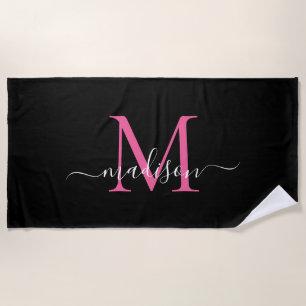 Serviette De Plage Chic Noir Rose Monogramme Feminine Script