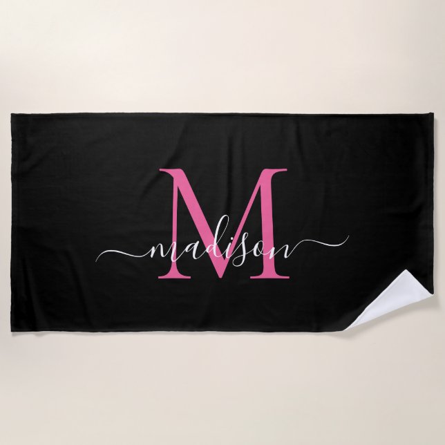 Serviette De Plage Chic Noir Rose Monogramme Feminine Script (Devant)