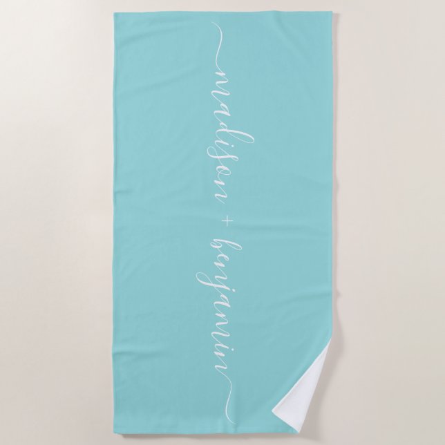 Serviette De Plage Chic Noms Monogrammes Nouveaux mariés Bleu (Devant)