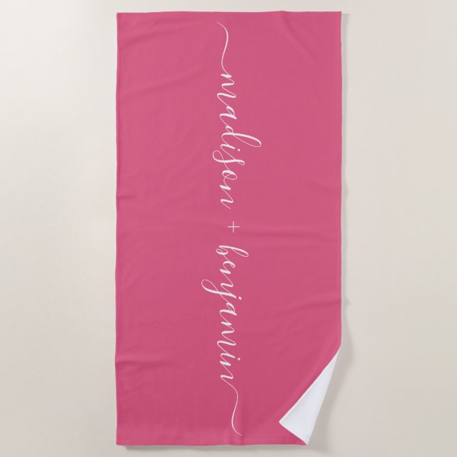 Serviette De Plage Chic Noms Monogrammes Nouveaux mariés Rose Chaud (Devant)