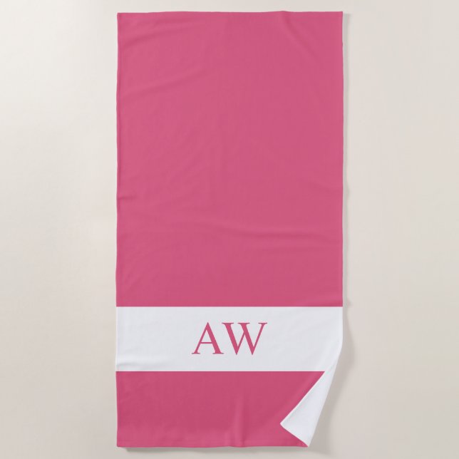 Serviette De Plage Chic rose chaud blanc Monogramme (Devant)