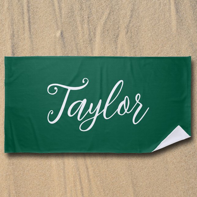Serviette De Plage Chic Vert Chasseur Écriture Manuscrite Personnalis (Créateur téléchargé)