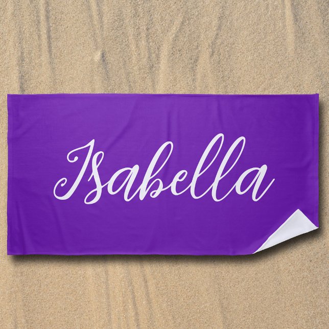 Serviette De Plage Chic Violet Nom Personnalisé Écriture Manuscrite (Créateur téléchargé)